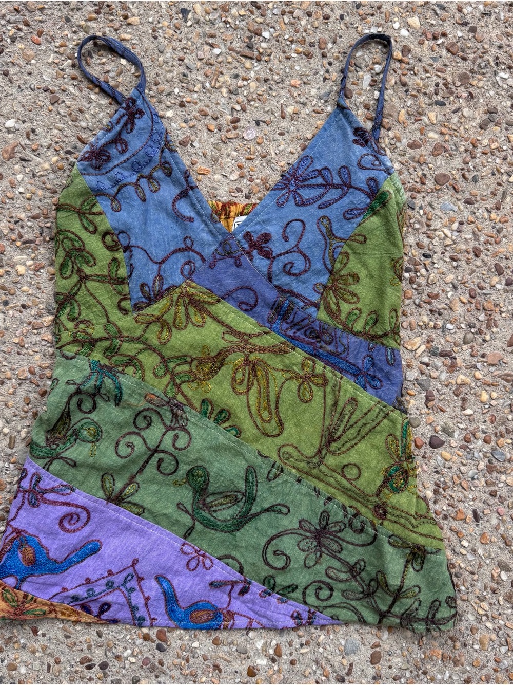 Vtg Y2K Babydoll Blue Sky Patchwork Embroidered  Hippie Boho Tank Top Size S